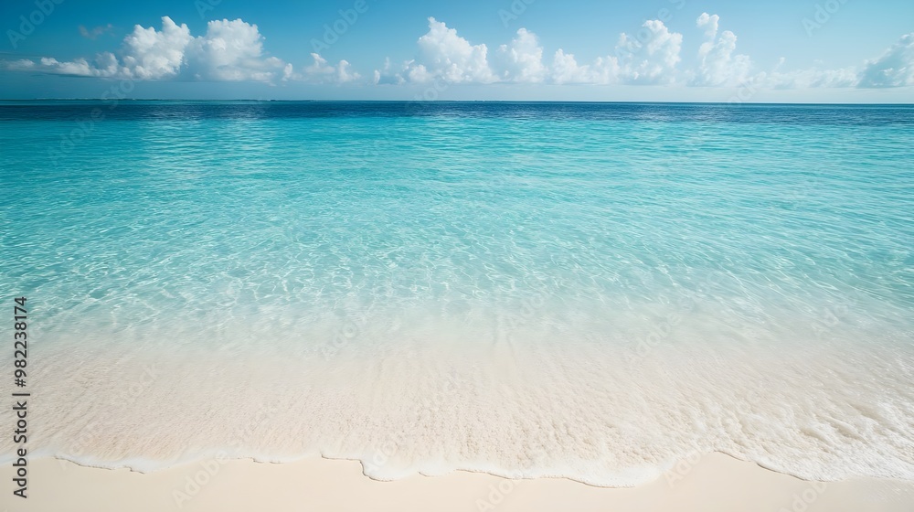 Obraz premium A serene beach scene featuring clear turquoise water and soft white sand under a bright blue sky with fluffy clouds.