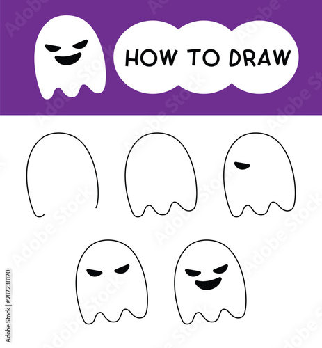 How to draw ghost cartoon step by step for learning, kid, education and coloring book. Halloween festival