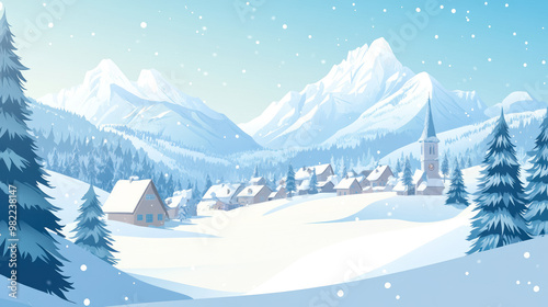 idyllic winter village scene with snowy mountains and pine trees