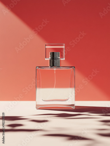 close-up image of perfume bottle mockup with empty label, Product advertisement, ivory white and pastel red 