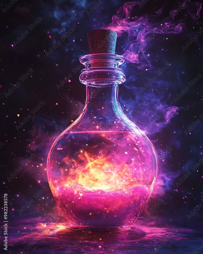 A glass bottle with a cork stopper filled with a vibrant, magical potion that glows and emits smoke. A glass bottle with a cork stopper filled with a vibrant, magical potion that glows and emits smoke.