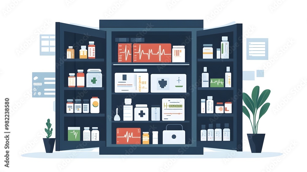Open Medicine Cabinet with Variety of Pills and First Aid Kit Open Medicine Cabinet with Variety of Pills and First Aid Kit