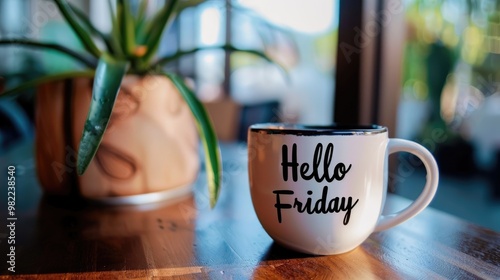 hello friday coffee cup stand on table