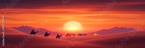 A stunning desert sunset with silhouettes of three camels and riders moving across the sand dunes photo