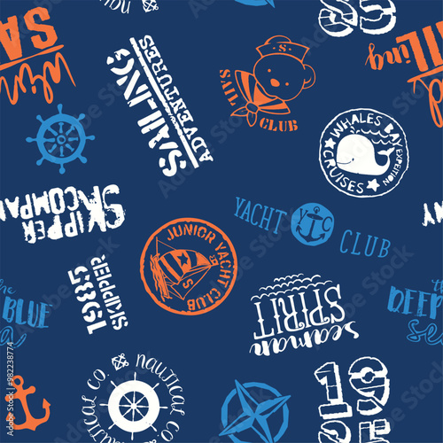 Cute kid sailing yacht club elements and badges patchwork abstract grunge vector pattern for summer children kid wear fabric shirt short pajamas