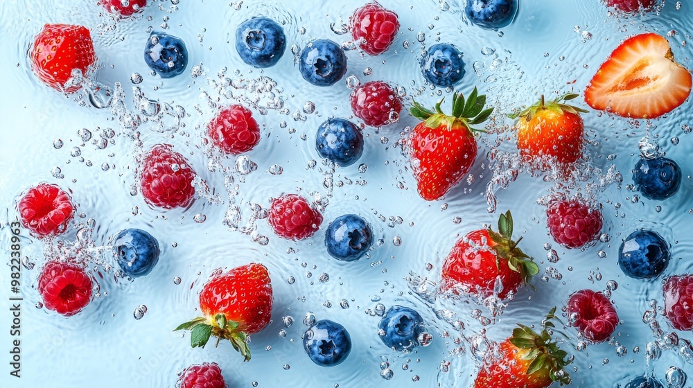 Fresh Berries and Strawberries Floating in Sparkling Water