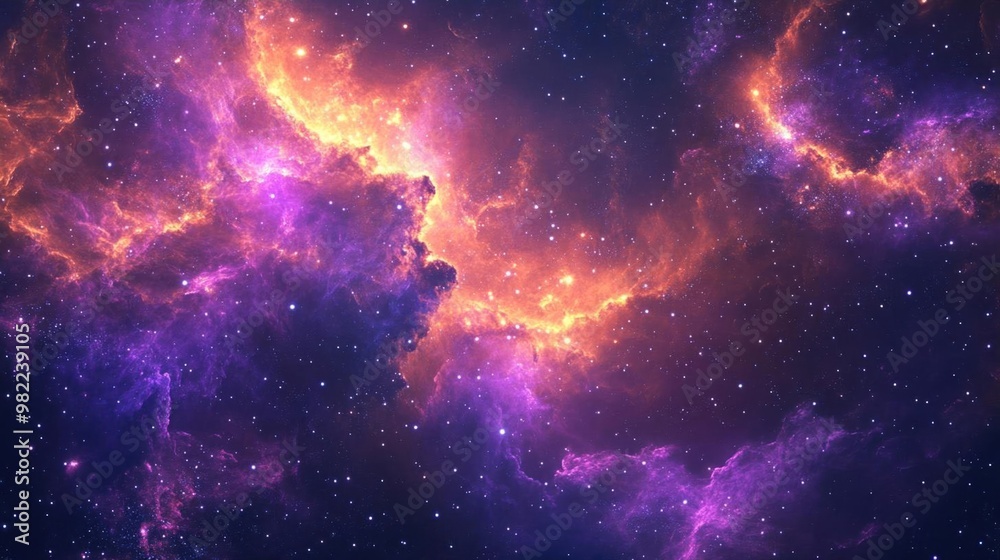 A beautiful cosmic nebula with orange and purple clouds and scattered stars. A beautiful cosmic nebula with orange and purple clouds and scattered stars.