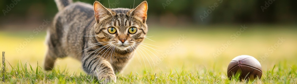 A playful cat running across a vibrant green field, focused on a brown ball, showcasing its agility and curious nature. A playful cat running across a vibrant green field, focused on a brown ball, showcasing its agility and curious nature.