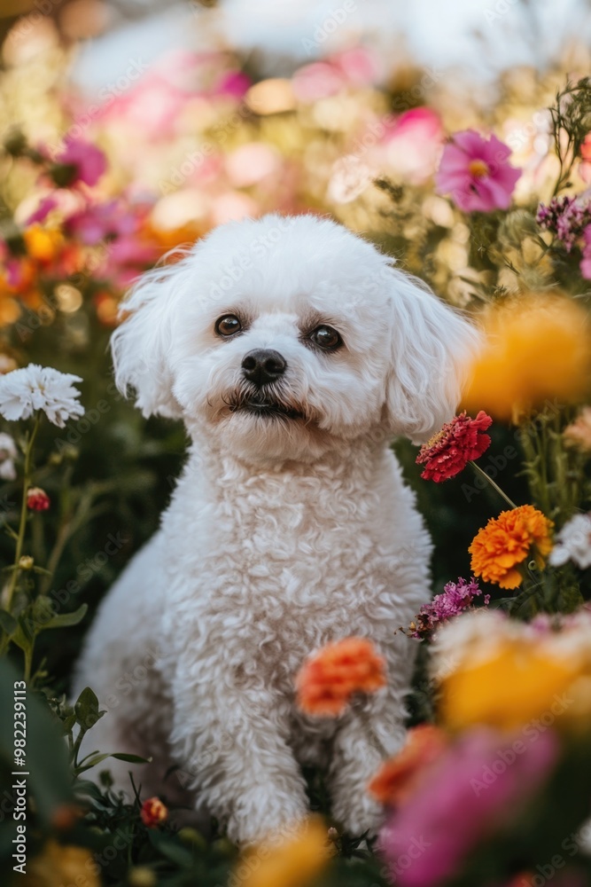 White Dog in Field of Flowers White Dog in Field of Flowers