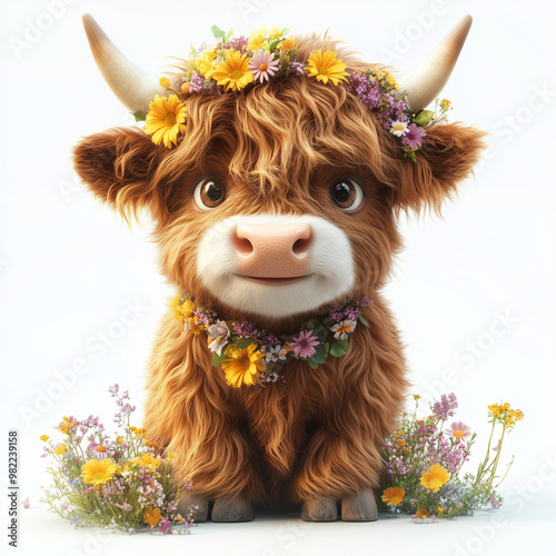 A smiling baby highland cow surrounded by flowers on a white background