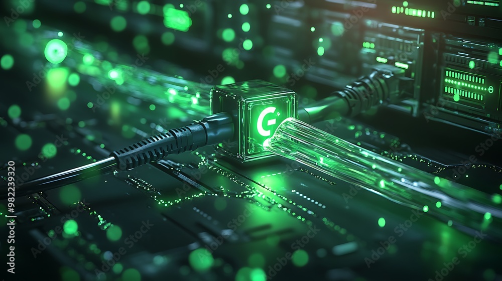 A glowing green 'G' symbol on a circuit board with cables connected to a server in the background. A glowing green 'G' symbol on a circuit board with cables connected to a server in the background.