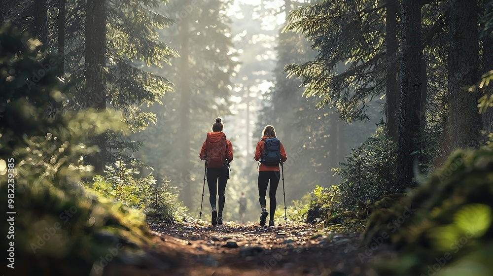 Two individuals hiking along a forest trail, surrounded by tall trees and dense foliage. Two individuals hiking along a forest trail, surrounded by tall trees and dense foliage.