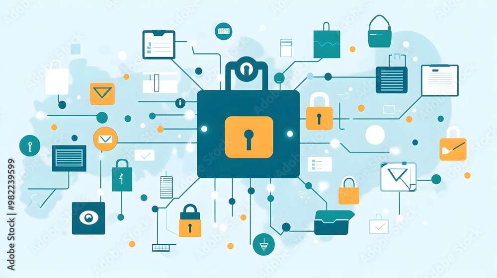 Secure Data Network with Padlocks and Connected Icons Secure Data Network with Padlocks and Connected Icons