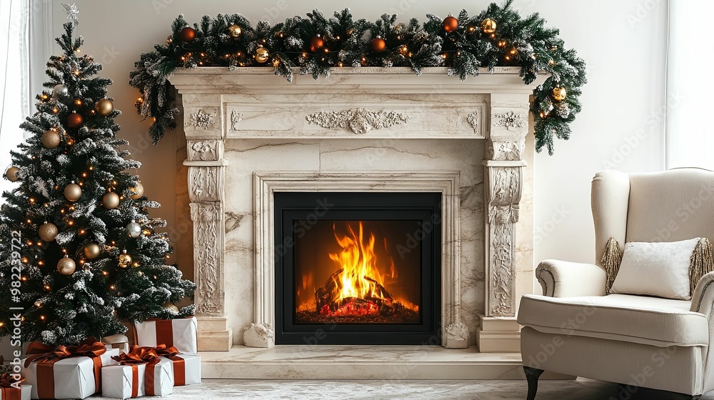Decorated Christmas Tree Next to a Fireplace with a Cozy Armchair Decorated Christmas Tree Next to a Fireplace with a Cozy Armchair