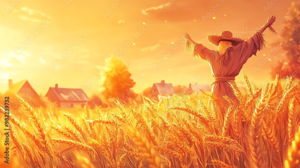 A serene landscape featuring golden wheat under a warm sunset, with a person embracing the beauty of nature and tranquility.