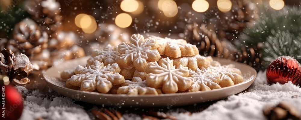 Delicious holiday cookies decorated with icing, resting on a festive plate surrounded by snow and Christmas ornaments. Delicious holiday cookies decorated with icing, resting on a festive plate surrounded by snow and Christmas ornaments.