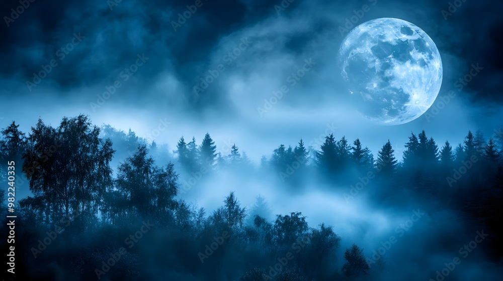 A serene night scene featuring a full moon over a misty forest, creating a mystical and tranquil atmosphere. A serene night scene featuring a full moon over a misty forest, creating a mystical and tranquil atmosphere.