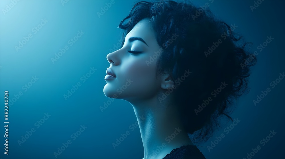 A serene portrait of a woman in profile, set against a soft blue light, exuding calmness and beauty. A serene portrait of a woman in profile, set against a soft blue light, exuding calmness and beauty.