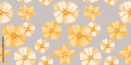 Yellow large floral seamless pattern. Vector hand drawn abstract exotic flowers print. contemporary ornament for designs, fabric, textiles, cover