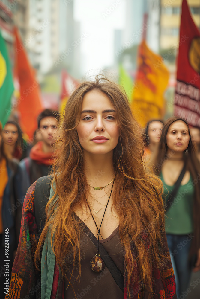 Young woman with serious expression at demonstration, blurred city background. Young woman with serious expression at demonstration, blurred city background.