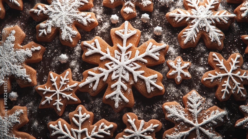 Delicious gingerbread cookies shaped like snowflakes, decorated with white icing on a dark background. Perfect for winter celebrations. Delicious gingerbread cookies shaped like snowflakes, decorated with white icing on a dark background. Perfect for winter celebrations.