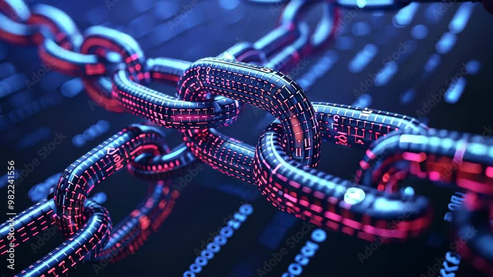 A close-up of glossy metallic chains illuminated by blue and red neon lights symbolizes strength and security, set against abstract binary code patterns. A close-up of glossy metallic chains illuminated by blue and red neon lights symbolizes strength and security, set against abstract binary code patterns.