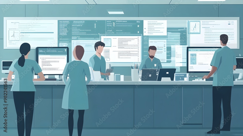 Teamwork & Data Analysis - Modern Office Illustration Teamwork & Data Analysis - Modern Office Illustration