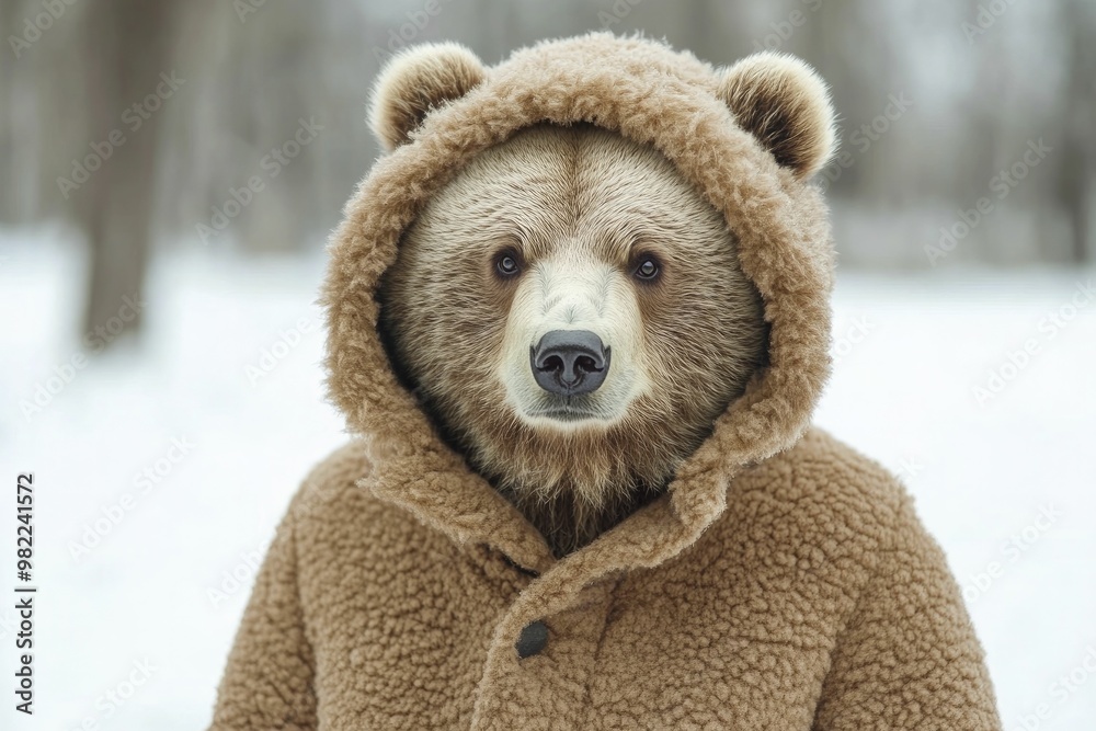 Adorable Bear Dressed in a Stylish Coat, Showcasing a Unique Blend of Nature and Fashion in a Whimsical Outdoor Setting Adorable Bear Dressed in a Stylish Coat, Showcasing a Unique Blend of Nature and Fashion in a Whimsical Outdoor Setting