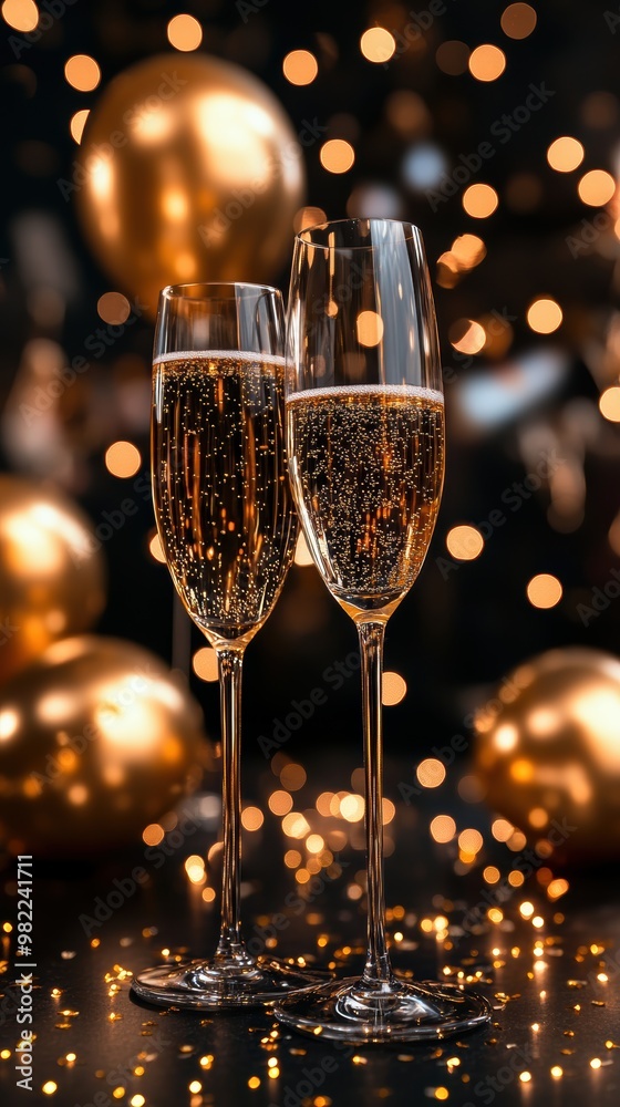 Surrounded by glitter, gold balloons, and shimmering bokeh lights, two champagne glasses with sparkling bubbles set the scene for a luxurious celebration. Surrounded by glitter, gold balloons, and shimmering bokeh lights, two champagne glasses with sparkling bubbles set the scene for a luxurious celebration.