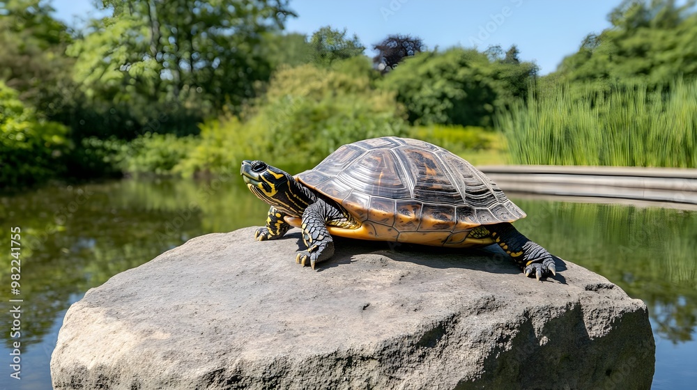 Obraz premium A serene turtle basking on a sunlit rock beside a tranquil pond, surrounded by lush greenery and vibrant nature.