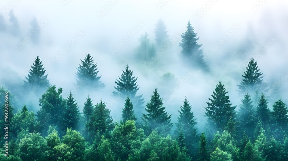 A serene view of evergreen trees enveloped in a mystical fog, creating a tranquil atmosphere in a lush forest landscape. A serene view of evergreen trees enveloped in a mystical fog, creating a tranquil atmosphere in a lush forest landscape.