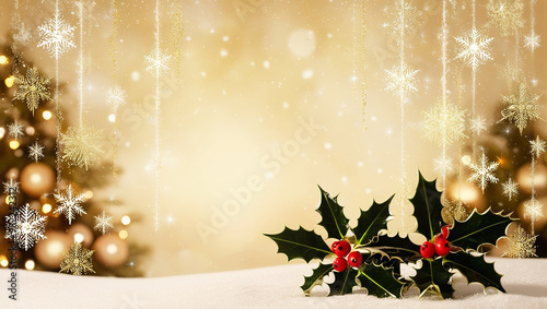snow background with cheerful christmas tree
