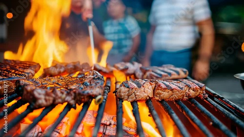 A lively outdoor barbecue showcases juicy steaks grilling over an open flame, with people socializing in the background, embodying the warmth of a summer celebration.