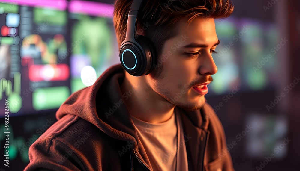 Young Man with Headphones Wearing a Brown Hoodie in Front of a Screen Young Man with Headphones Wearing a Brown Hoodie in Front of a Screen