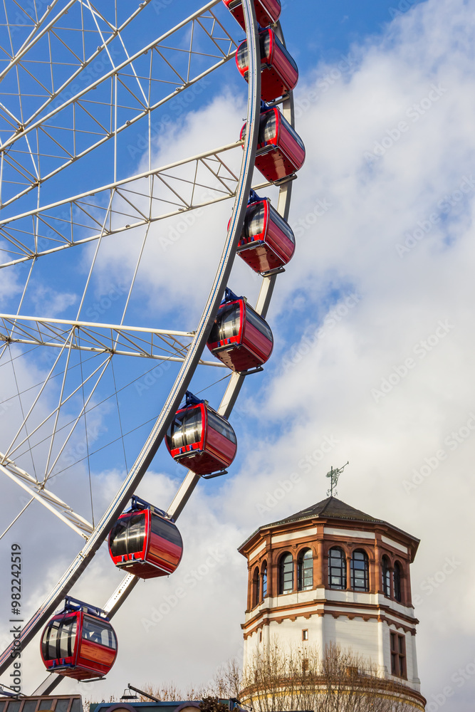 Ferris wheel and nautical museum tower in Dusseldorf, Germany