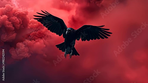 A dramatic image of a black crow bird in flight amidst vibrant red and pink smoke clouds. striking scene symbolizes freedom, nature, and the contrast between tranquility and chaos.