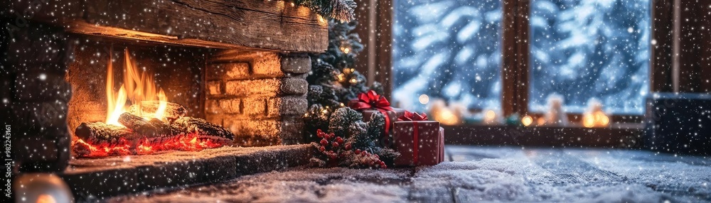 A cozy winter scene featuring a crackling fireplace adorned with festive decorations, surrounded by falling snow and warm ambiance. A cozy winter scene featuring a crackling fireplace adorned with festive decorations, surrounded by falling snow and warm ambiance.
