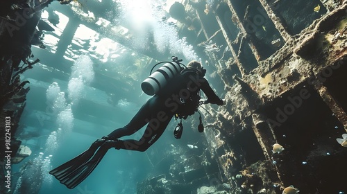 A skilled diver explores the depths of a sunken shipwreck, surrounded by marine life and captivating underwater scenery. photo