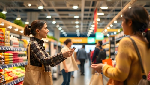 Two Women Shopping and Talking in a Supermarket Aisle