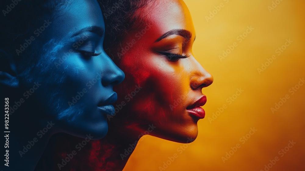 Two female profiles with blue and red face paint on a yellow background. Two female profiles with blue and red face paint on a yellow background.