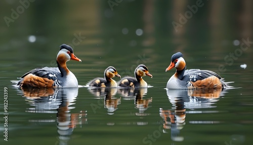 Silvery Grebes Family Gracefully Swimming on Tranquil Lake