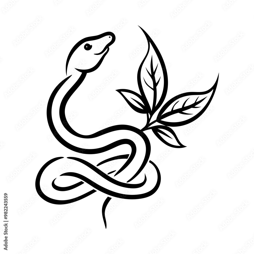 Icon of a snake intertwined with leaves, natural design on a white background, copy space Icon of a snake intertwined with leaves, natural design on a white background, copy space