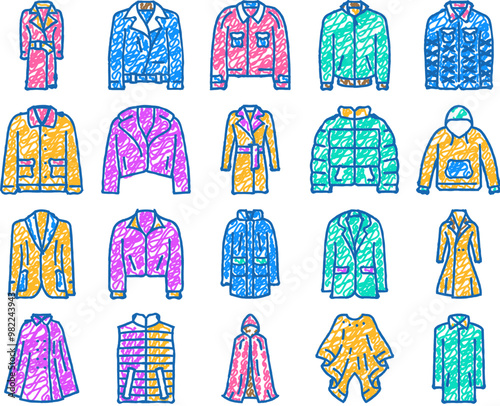 outerwear female clothes girl doodle icons set vector. sketch line art woman fashion, coat clothing, jacket stylish, people person young casual, style outerwear female clothes girl color illustrations