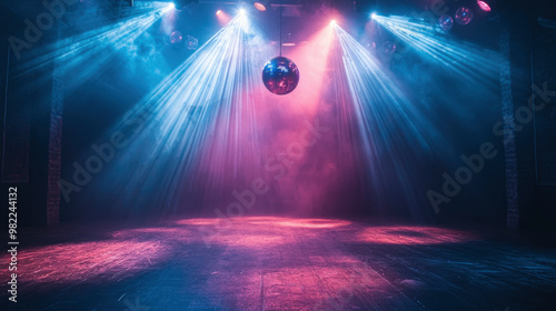 A dynamic night club scene featuring a spacious dance floor, illuminated by colorful spotlights and a dazzling mirror ball, creating an electrifying party atmosphere. photo