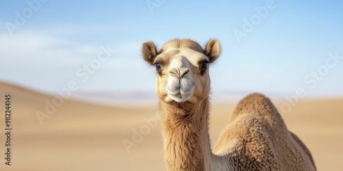 Majestic Camel Traversing the Golden Sands of a Vast Desert Landscape Under a Clear Blue Sky