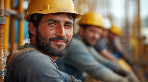 A bearded construction worker wearing a protective helmet on his head at an industrial construction site