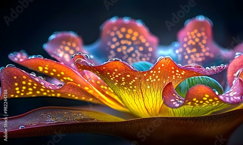 Vibrant Flower with Water Droplets and Light Glow