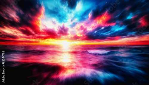 Dynamic ocean scene with vibrant sunset, swirling clouds, and crashing waves