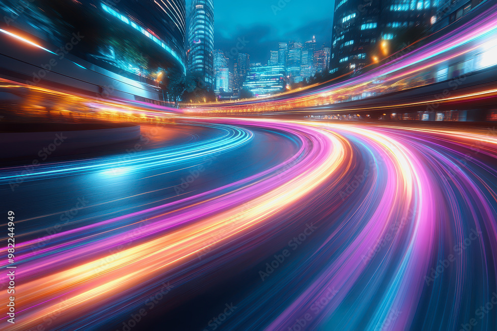Fototapeta premium City streets with neon lights, dynamic motion blur, and colorful light trails at night
