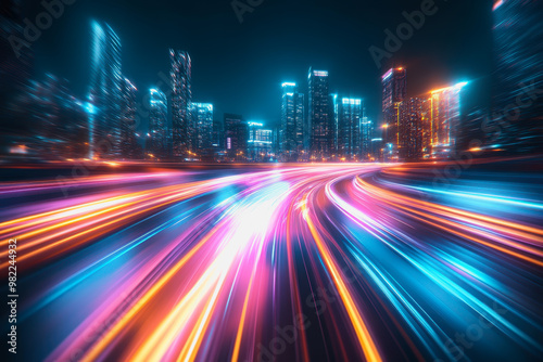 City streets with neon lights, dynamic motion blur, and colorful light trails at night